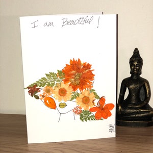 Pressed flower thank you card, dried flower greeting card, real flower art, valentine card, self love card, girl collection card, flower gir