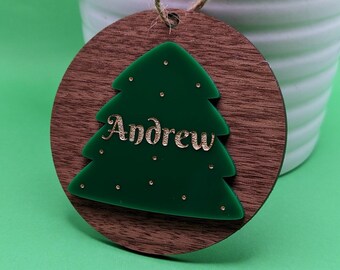 Personalized Christmas tree ornament with name, tree ornament, green acrylic and handpainted gold name