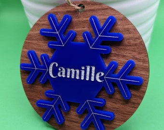 Personalized snowflake ornament with name, Christmas or winter ornament, blue acrylic and handpainted silver name