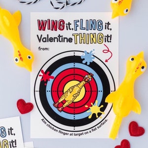 Hühnchen Flinger Valentinstag, lustige druckbare Valentinskarten für Kinder, Tweens, Jungen und Mädchen, fliegendes Huhn Zielspiel Klassenzimmer Valentinstag