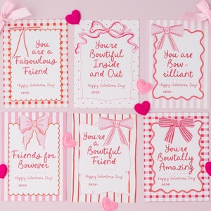 Roze strikvalentijnskaarten, afdrukbare klasvalentijnskaarten voor meisjes, leuke kaarten voor vrienden, dans, cheer, ballet, girly trendy roze flirtstrikken