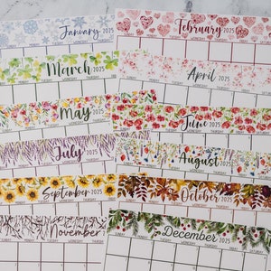 Afdrukbare kalender 2025, aquarel maandplannerpagina, mooie seizoensgebonden themakalender, leuke wandkalender, bloemen, landschap, horizontaal