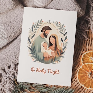 O heilige nacht kerststal kerstkaart, afdrukbare christelijke wenskaart, Boho heilige familie bijbelkunst, Jozef Maria Jezus, religieuze kerst