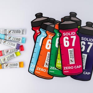May include: A selection of vibrant water bottle-shaped cutouts and sports drink sachets. The bottles are in shades of red, blue, orange, green, and purple, with "ZERO" and "SOLID 67". The sachets are labelled "ZERO" in different colors.