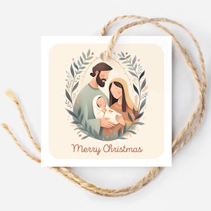 Heilige familie kunst cadeaukaartje, afdrukbaar kersttraktatielabel, kerststal, LDS primair cadeau, 3" vierkante christelijke kaart, Joseph Mary Baby Jesus