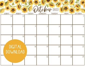 Printable October 2022 Calendar, Monthly Planner Page PDF, Autumn Floral Watercolor, Sunflowers Desk Calendar, Letter Size, Digital Download