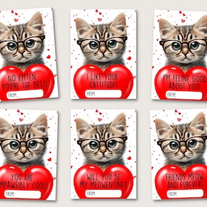 Cartes de Saint-Valentin chaton pour les enfants, cartes de Saint-Valentin imprimables en classe, chats réalistes mignons avec des lunettes, jeux de mots Kitty, fête de classe scolaire