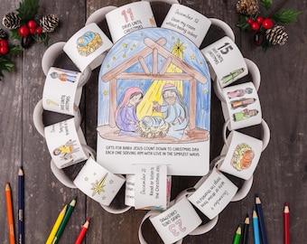 Gifts for Baby Jesus Coloring Countdown Chain, Printable Advent Calendar for Kids, Christian Christmas Craft, LDS Christ Centered Activity