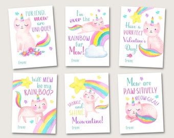 Unicorn Cat Valentines, Rainbow Valentine, Kittycorn, Caticorn, Kitten, Cute Whimsical, Digital Valentine, Little Girl, Classroom Valentines