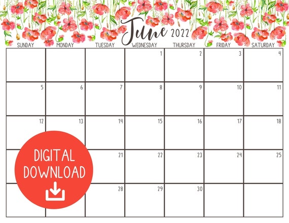 printable june 2022 calendar monthly planner page pdf spring etsy