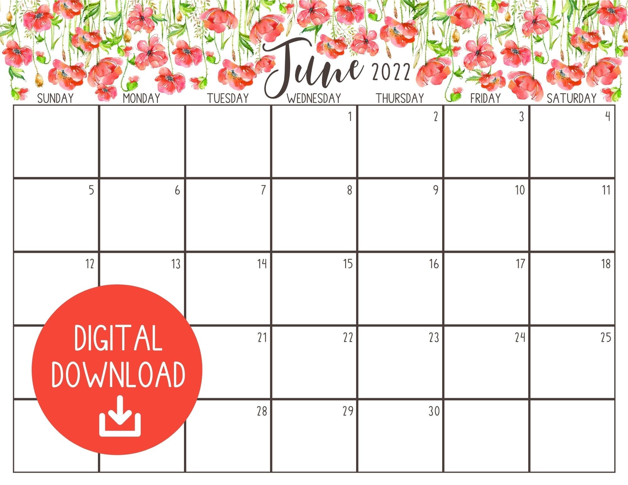 printable june 2022 calendar monthly planner page pdf spring etsy