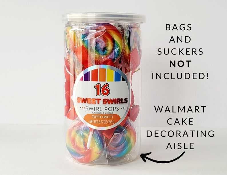 May include: A clear plastic container filled with 16 assorted swirl lollipops. The lollipops are red, yellow, orange, green, and blue. The container has a label that says "16 Sweet Swirls...Swirl Pops...Tutti Frutti". The text "Bags and Suckers Not Included! Walmart Cake Decorating Aisle" is written on a white background.