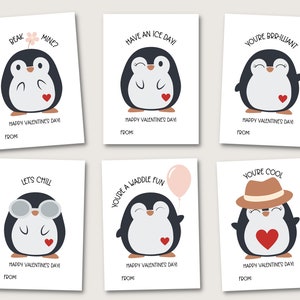 Tarjetas de San Valentín con pingüinos para niños, tarjetas de San Valentín para el aula, pingüinos adorables, juegos de palabras con pingüinos, tarjetas de San Valentín imprimibles para la clase de la escuela, intercambio de tarjetas de San Valentín