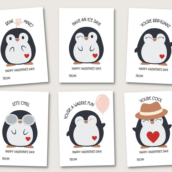 Penguin Valentines for Kids, Classroom Valentines, Cute Penguins, Penguin Puns, Printable Valentines for School Class, Vday Card Exchange