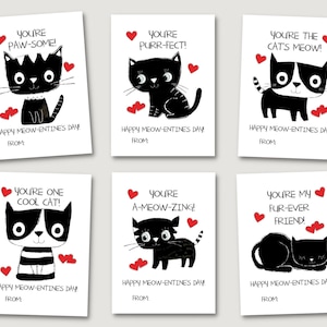 Printable Cat Valentine Cards, Cute Black Cat, Kitty Valentine for Kid, School Classroom Valentine, Preschool, Animal, Red Heart, Meowentine
