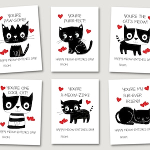 Cartes imprimables de Saint-Valentin de chat, chat noir mignon, Kitty Valentine pour l'enfant, classe d'école Valentine, préscolaire, animal, coeur rouge, Meowentine