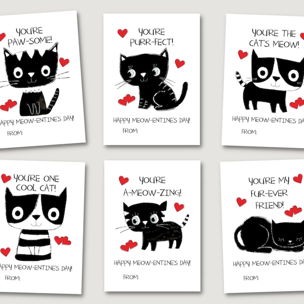 Printable Cat Valentine Cards, Cute Black Cat, Kitty Valentine for Kid, School Classroom Valentine, Preschool, Animal, Red Heart, Meowentine