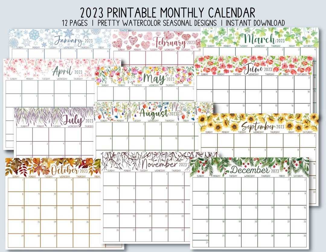 Printable 2023 Calendar, Watercolor Monthly Calendar, Pretty Seasonal ...