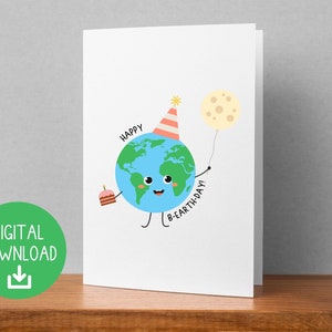 Druckbare Geburtstagskarte zum Tag der Erde, 5" x 7", digitaler Download, Happy Bearthday Karte, niedliche Kawaii Happy Earth, Earth Day Birthday Party Geschenk