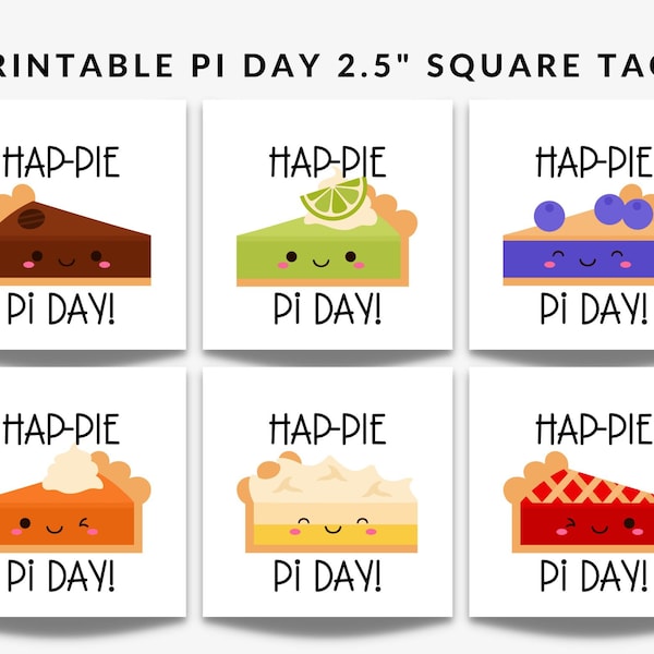 Happy Pi Day Tags, 2.5" Square Gift Tags for Pie Day, Treat Tag, Pi Day Gifts, Cute Kawaii Pies, Favor Tags, Sweet as Pi, Pie Day Snack Tags