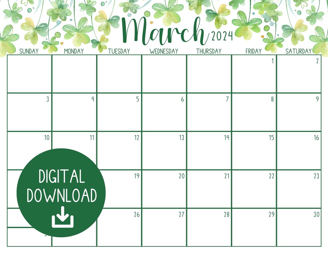 March 2025 Calendar, St. Patrick's Day, Shamrocks, Homeschool Calendar