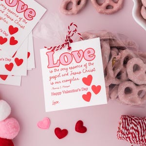 K&ouml;nnte beinhalten: Eine rosa und wei&szlig;e Geschenkt&uuml;te gef&uuml;llt mit rosa Brezelbissen und mit roter und wei&szlig;er Schnur gebunden. Eine rosa und wei&szlig;e Karte mit dem Text "Liebe ist die wahre Essenz des Evangeliums und Jesus Christus ist unser Vorbild. Froher Valentinstag. Liebe." ist an der T&uuml;te befestigt.