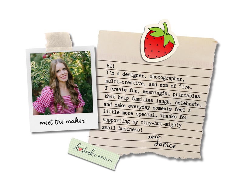 May include: An image featuring a polaroid photo with the text "meet the maker", a handwritten note, and a strawberry sticker. The note says "Hi! I'm a designer..." and is signed "Janice". A small "shortcake prints" banner is also present.