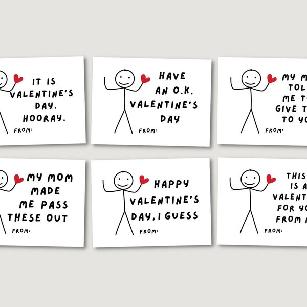 Funny Kids Valentine's Day Cards, Printable Classroom Valentines, Digital Valentine, School Valentines, Boys Valentines, Stick Figure Humor