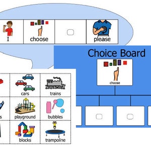 May include: A visual communication board with the words "I choose please" and a selection of images including Lego, cars, trains, puzzles, playground, bubbles, iPad, blocks, and trampoline. The board is designed for communication.