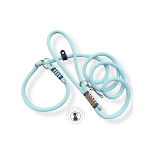 Könnte beinhalten: Hellblaue Hundeleine aus dickem Seil. Die Leine hat eine Schlaufe für den Hundehals und einen Griff. Sie verfügt über silberne Metallringe und marineblaue und weiß gestreifte Akzente. Ein kleines Lederetikett ist angebracht.