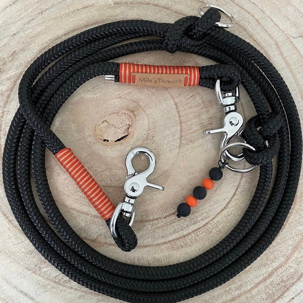 Dog leash Tauleine Tau leash 6/8/10 mm, carabiner silver - black - rigging possible in desired color