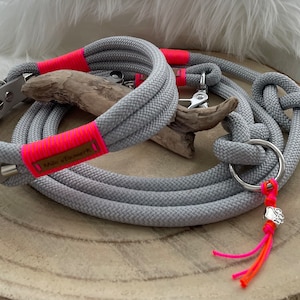 Set collar with fat leather adapter & leash 10 mm silver grey rope leash dog leash rope collar dog collar, custom rigging possible