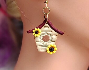 Birdhouse Earrings: Whimsical Polymer Clay Earrings, Bird Lover Gift