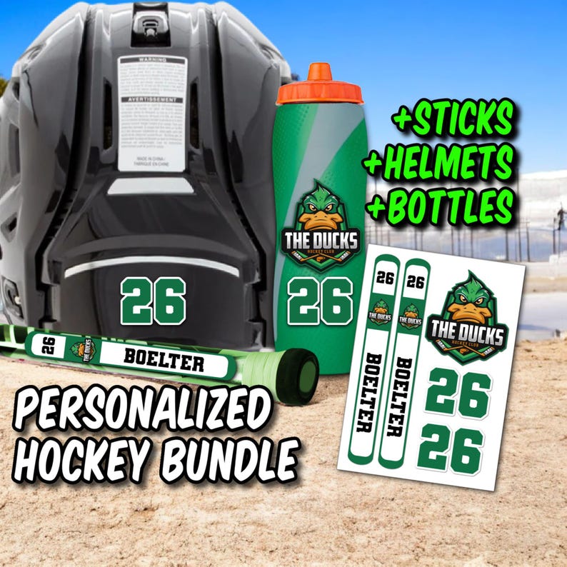 Personalized Hockey Stickers Bundle | Custom Hockey Stick, Helmet & Water Bottle Stickers for Gifts and Teams