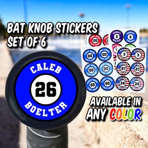 Personalized Bat Knob Stickers Set of 6, Team Helmet Decals, Water Bottle Name Tags, Baseball and Softball Bats