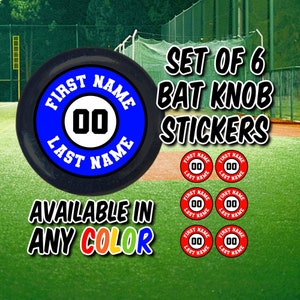 Set of 6 Personalized Bat Knob Stickers, Team Helmet Decals, Water Bottle Name Tags, Baseball and Softball Bats