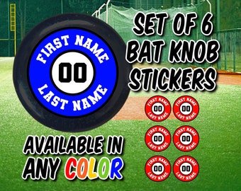 Set of 6 Personalized Bat Knob Stickers, Team Helmet Decals, Water Bottle Name Tags, Baseball and Softball Bats
