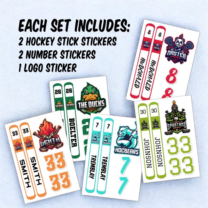 May include: A set of hockey stick, number, and logo stickers. The stickers feature various hockey team logos, including the Ducks, the Spartans, the Hocbears, and the Master. The stickers are in various colors, including green, orange, red, and blue.