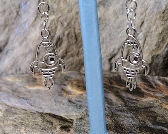 Astronaut and Spaceship Antique Silver Dangle Earrings