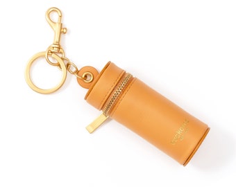 Cockatoo Nappa Leaeher Zipper Lipstick Case with Keychain Chapstick Holder  Keyring (BLACK)
