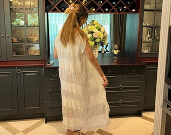 Handmade White Cotton Tunic Dress: Beach Cover-Up, Kimono Robe