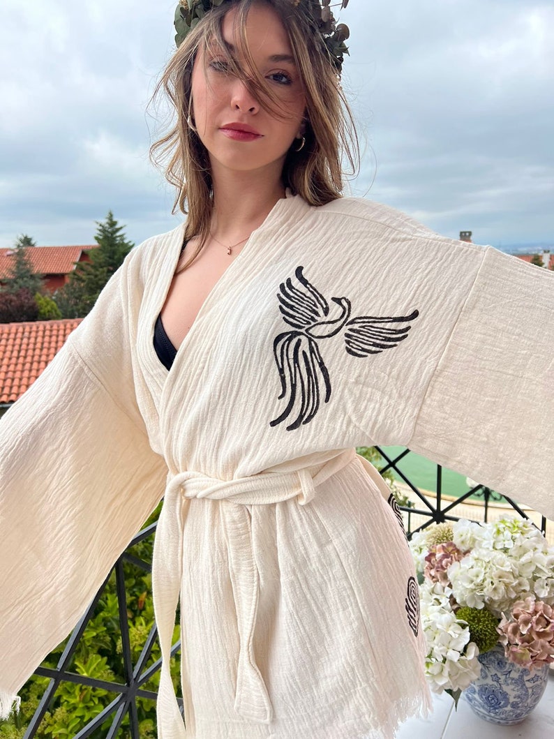 Handmade Muslin Cotton White Phoenix Bird Kimono Cardigan, Holiday Robe, Ethnic Boho kimono, Short Robe, Unique Gift, Short Beachwear, Wrap image 2