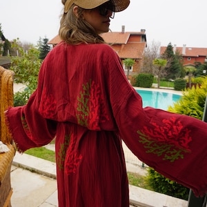 Handmade Muslin Cotton Beach Colourful Coral Red Kimono Robe, Boho Kimono, Dressing Gown, Long Robe, Japanese Clothing, Unique Gift