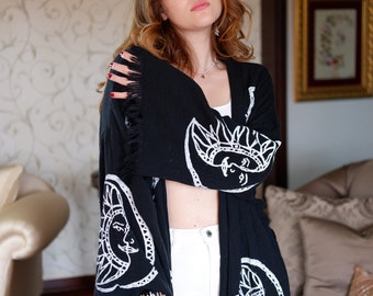 Handmade Muslin Kimono Cardigan: Black Sun Moon Celestial Robe