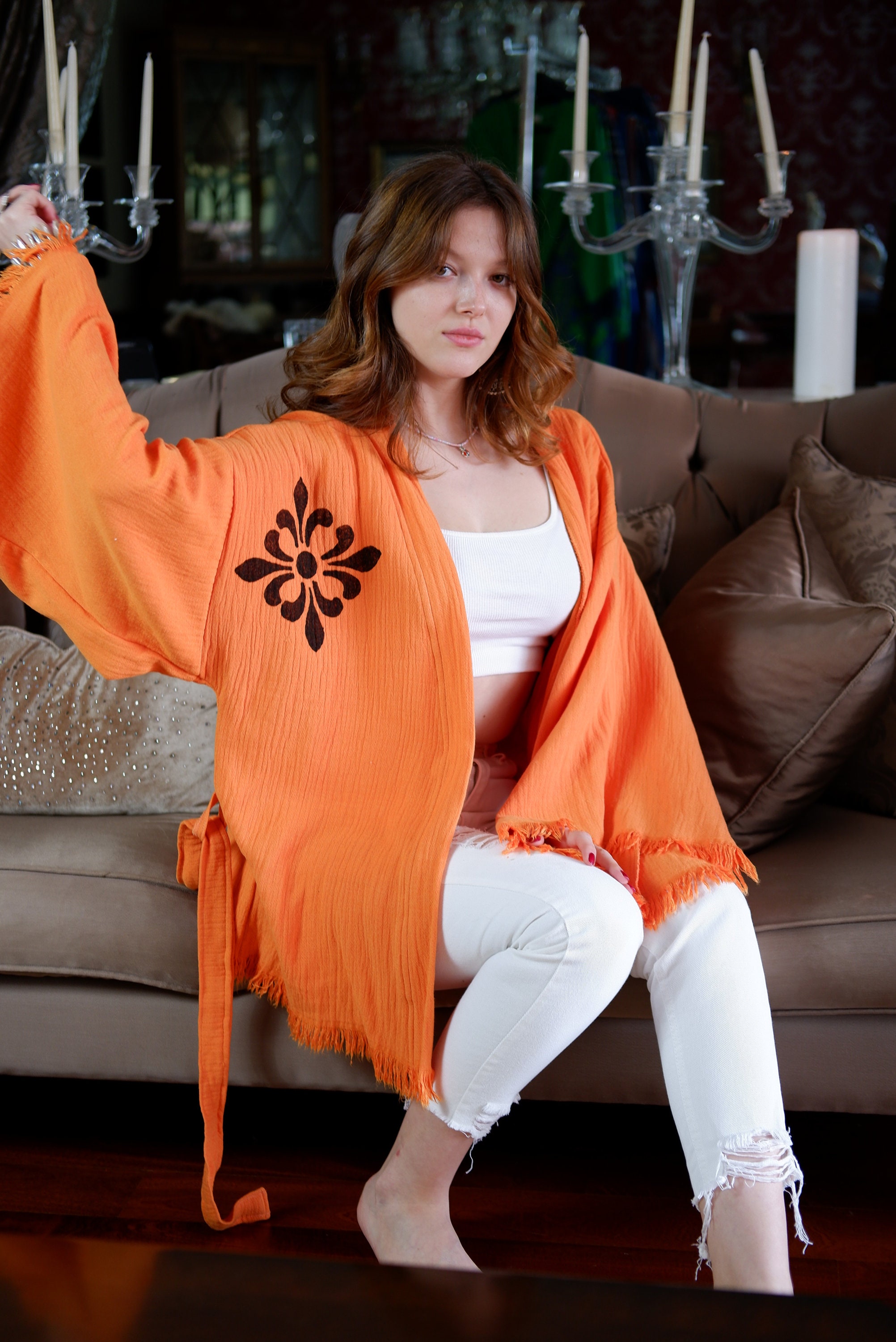 Handmade 100% Cotton Muslin Short Orange Kimono Cardigan