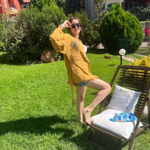 Handmade 100% Cotton Muslin Yellow Evil Eye Short Kimono Cardigan, Evil Eye Robe, Ethnic Boho Festival kimono, Dressing Gown, Unique Gift