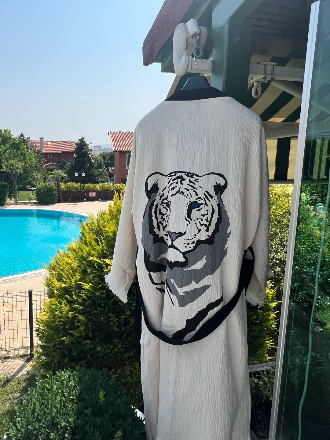 Handmade Muslin Cotton Black White Tiger Face Kimono Cardigan Robe ...