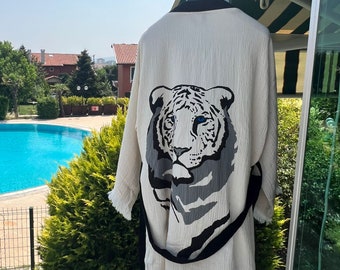 Handmade Muslin Cotton Black White Tiger Face Kimono Cardigan Robe, Black Strip Collar, Ethnic Boho Festival kimono, Long Robe, Unique Gift