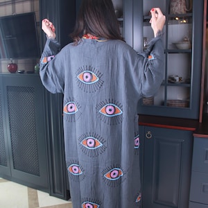 Boho Morning robe, Organic Cotton Spa Robe, Bridal Robe, Evil eye Bathrobe, Bohemian KImono, Music Festival Kimono, Bridesmaid Robe, Gift
