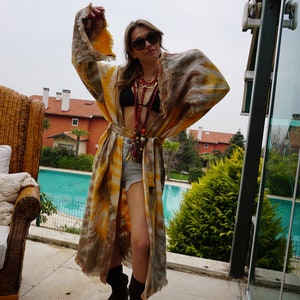 Handmade 100% Cotton Batik Painting Yellow Brown Kimono Cardigan, Batik Yellow Kimono, Ethnic Boho Festival kimono, Long Robe, Beachwear